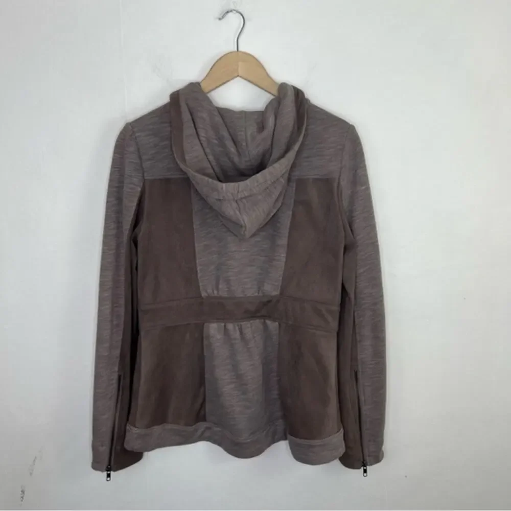 Anthropologie Akemi + Kin Taupe Abbe Full Zip Faux Suede Panel Hoodie Sweatshirt - Picture 3 of 15